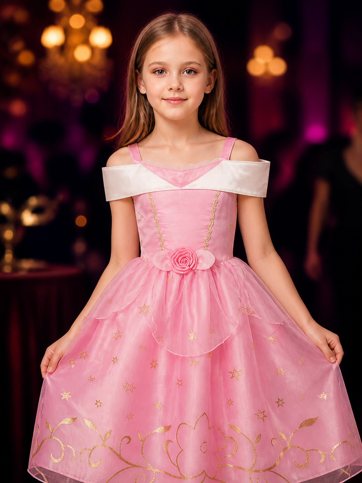 Girls Pink Princess Halloween Costume Dress With Gold Star And Floral Details on-model view