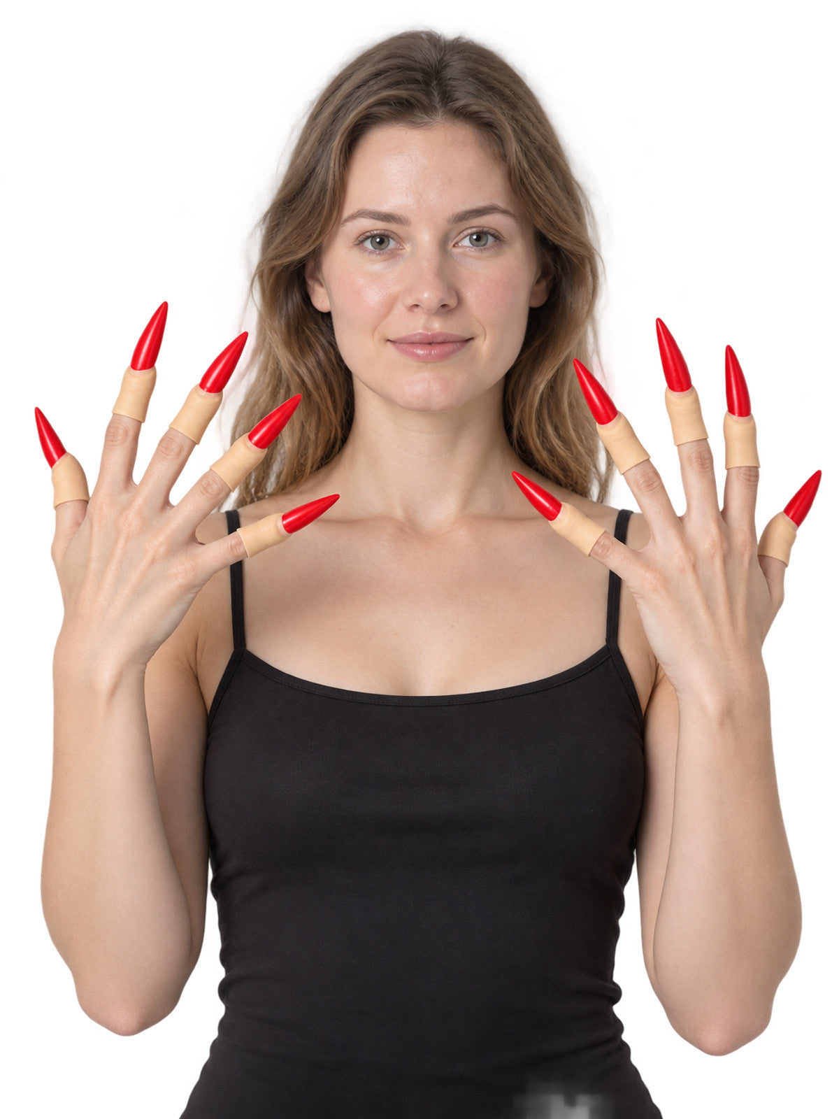 Long pointed red press-on nails, set of 10
