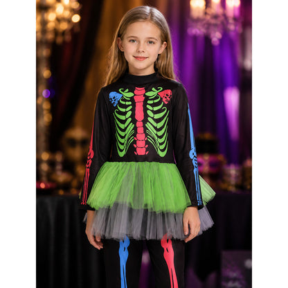 Girls Skeleton Bodysuit Costume with Mesh Tutu Skirt, Colorful Print Halloween on-model view