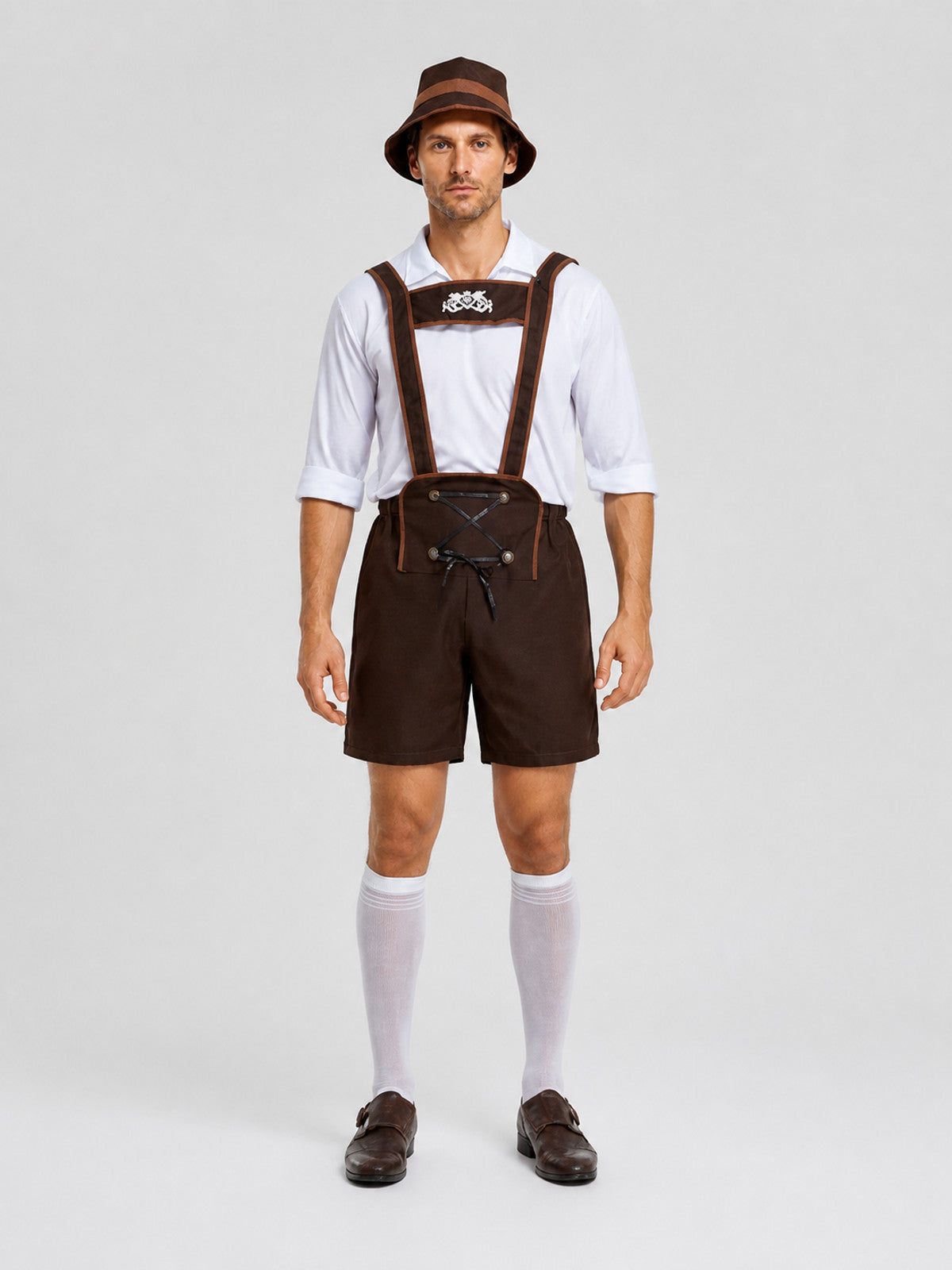 German Folk Costume: Shirt, Shorts, and Hat on-model view
