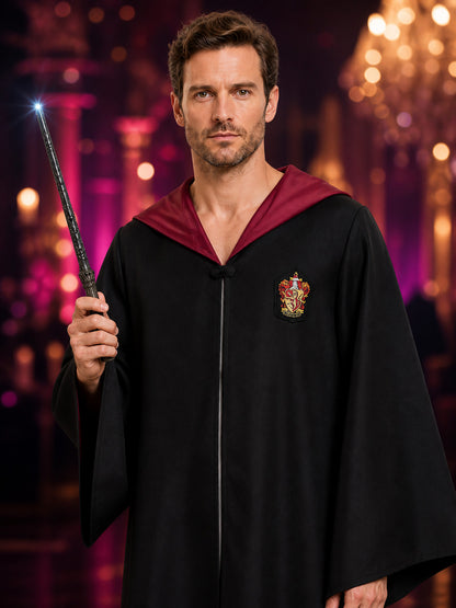 Hooded Wizard Robe Costume Set with Magic Wand, Black Long Cloak on-model view