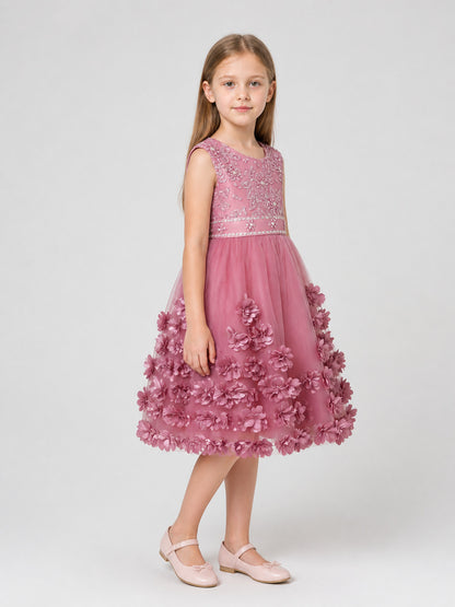 Fancy Full-Skirt Dress with Embroidery and Floral Decoration side view