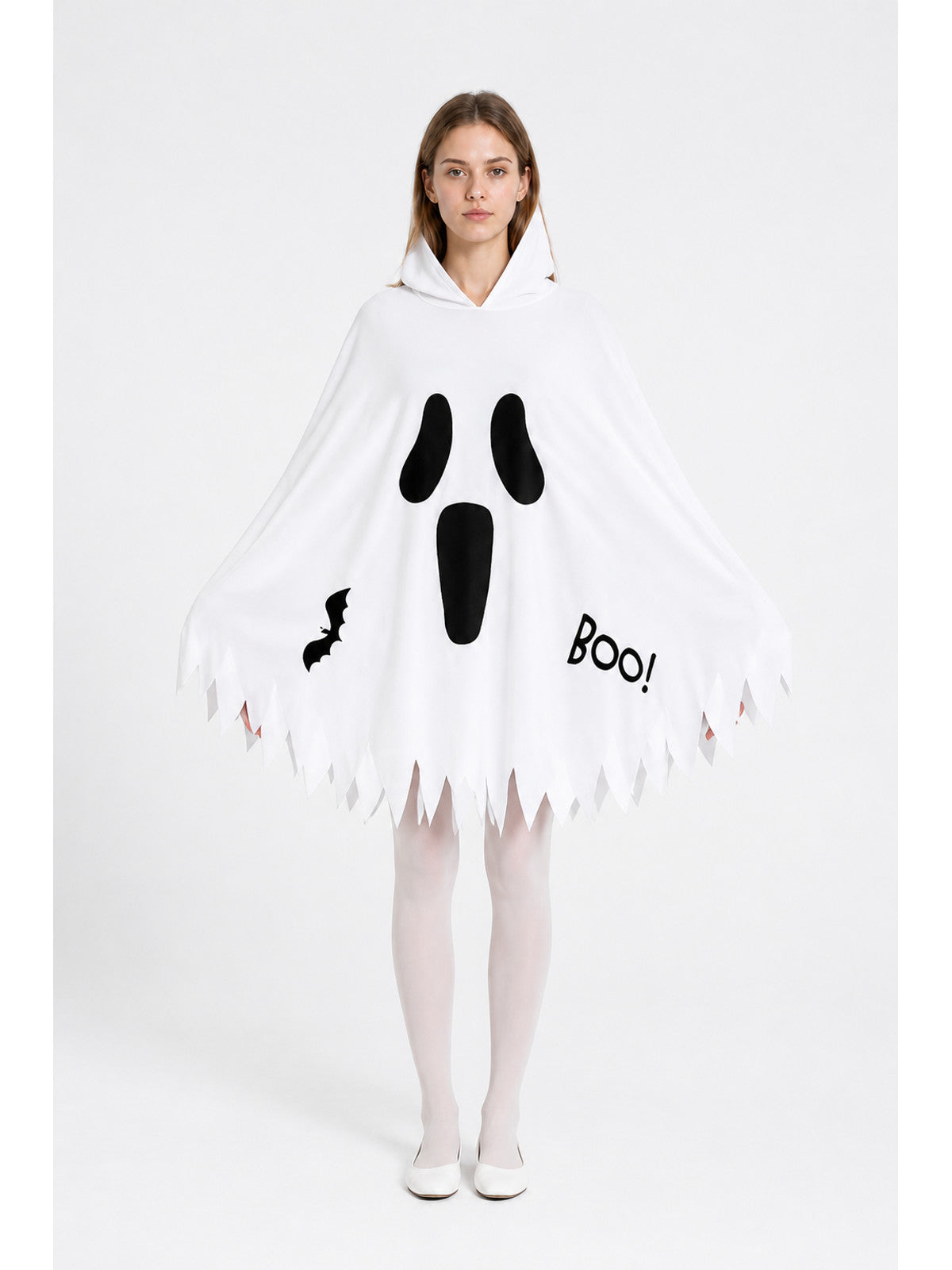 White Hooded Cape with Ghost Print for Halloween main product view
