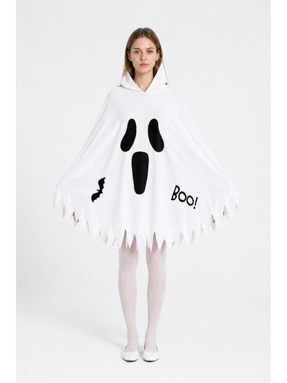White Hooded Cape with Ghost Print for Halloween main product view