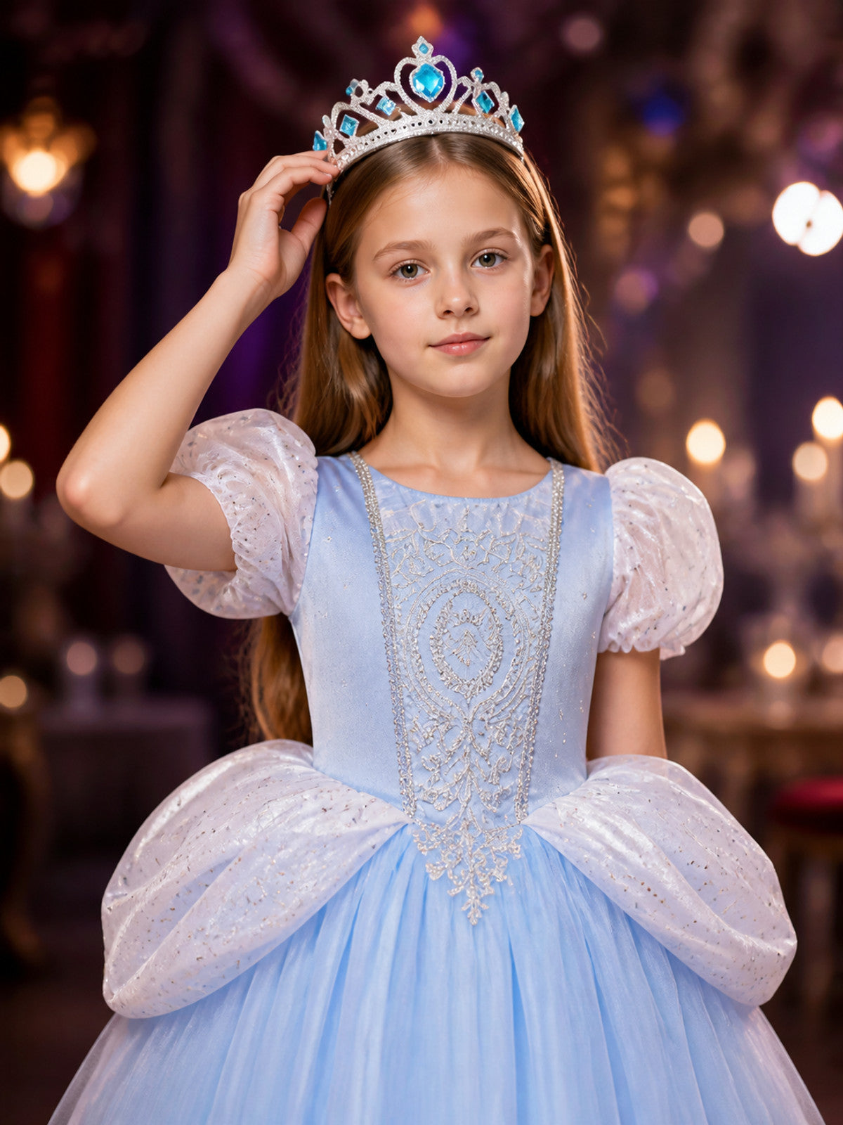 Girls Cinderella Princess Dress Costume with Crown, Puffy Sleeves and Tutu Skirt on-model view