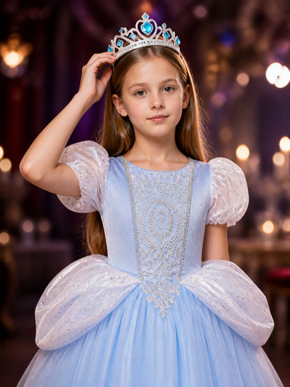 Girls Cinderella Princess Dress Costume with Crown, Puffy Sleeves and Tutu Skirt on-model view