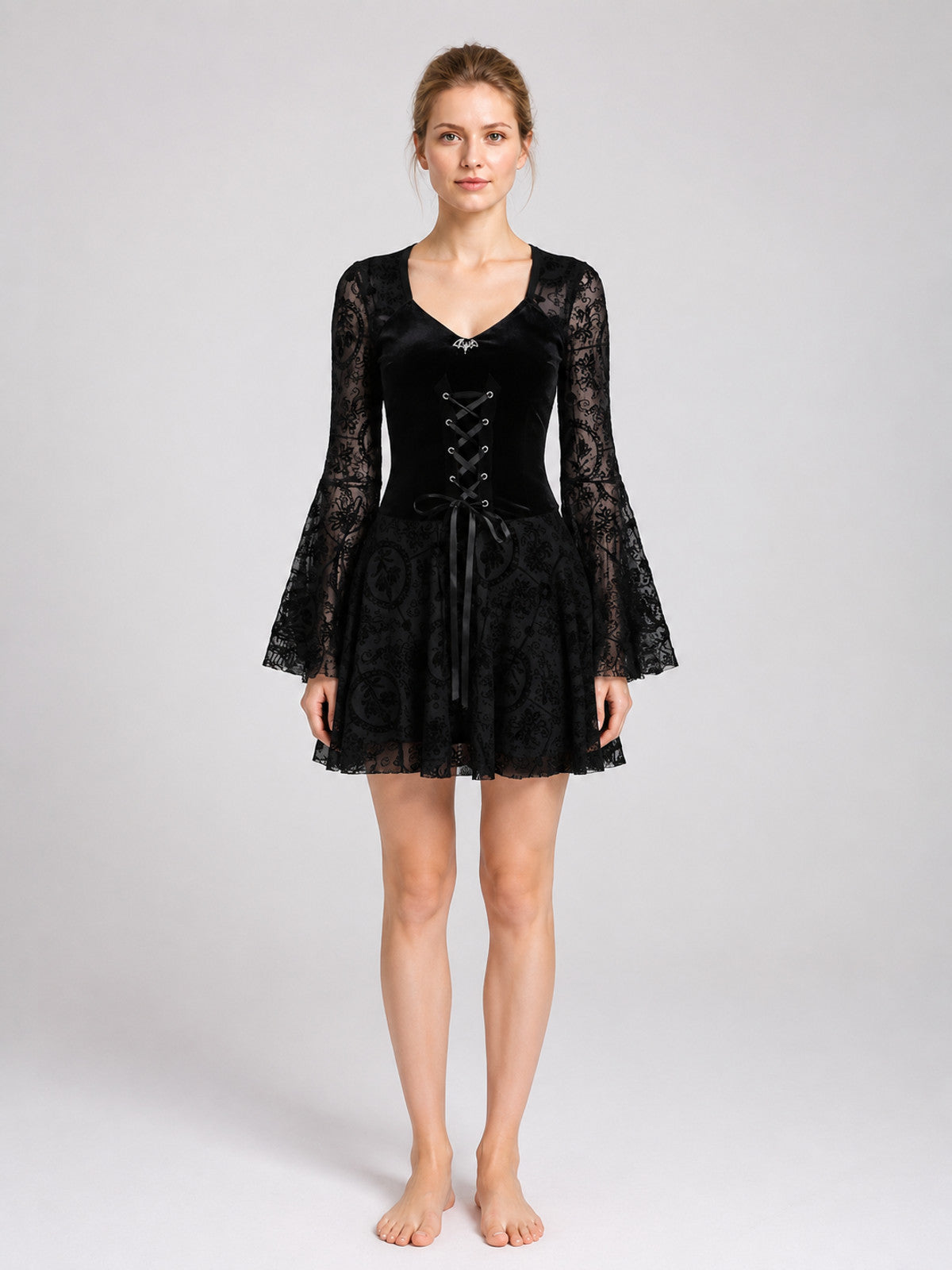Short Black Dress with Lacing and Lace Pattern on-model view