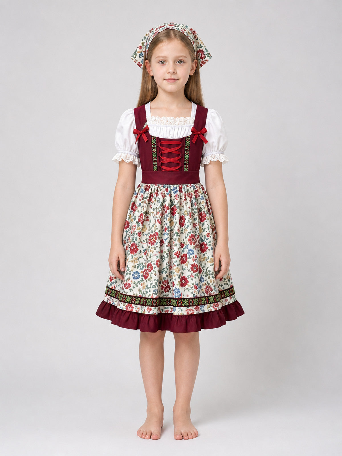 Dirndl with Floral Print and Lace Trim