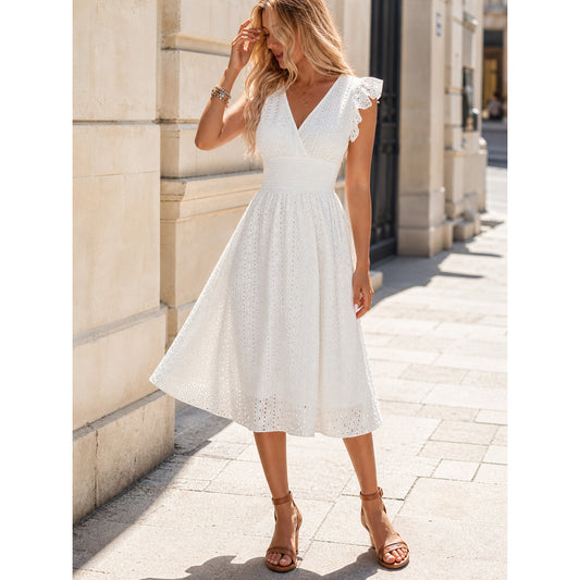 Women's midi dress with a V-neckline, defined waist, and flounce sleeves