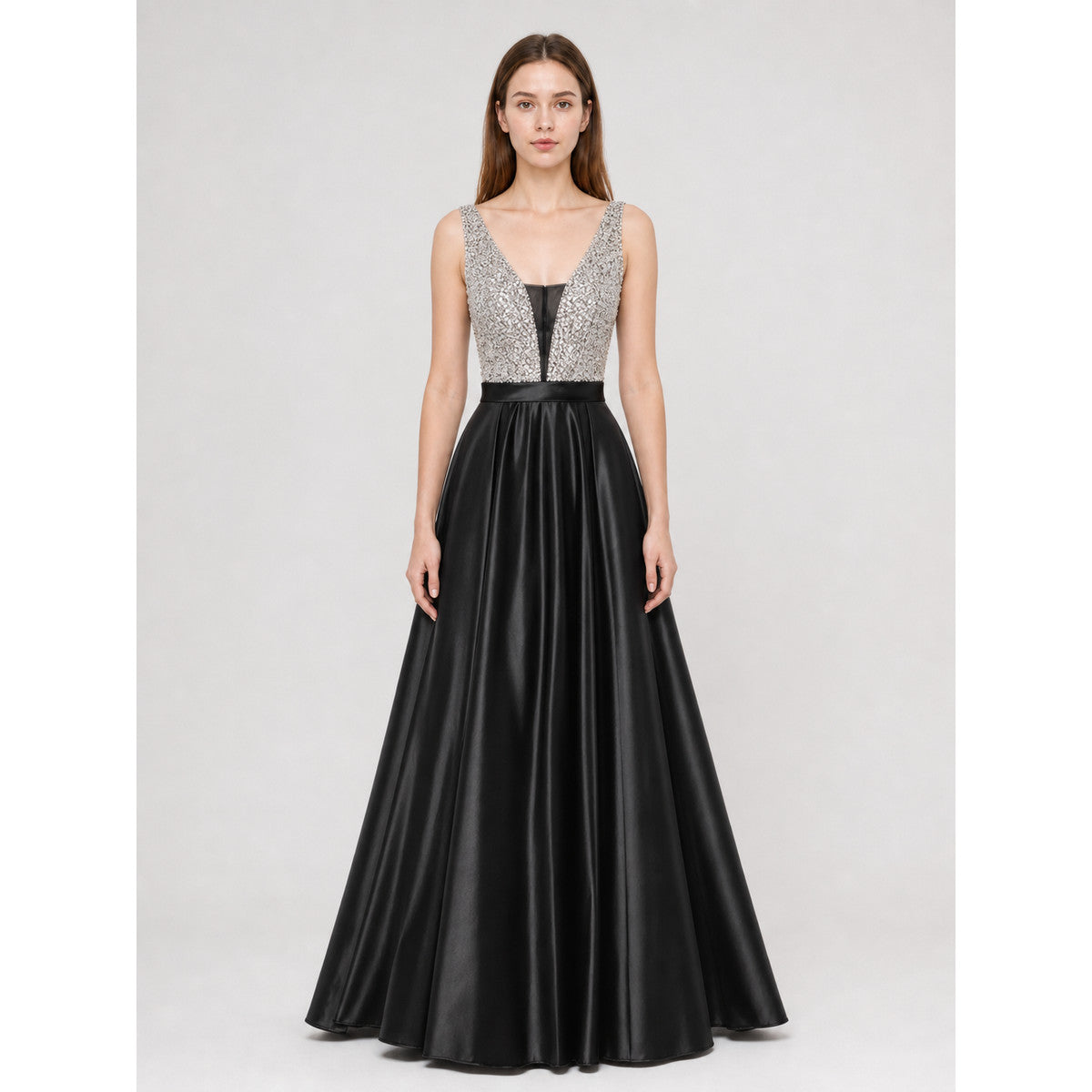 Long Evening Dress with a Deep V-Neckline front view