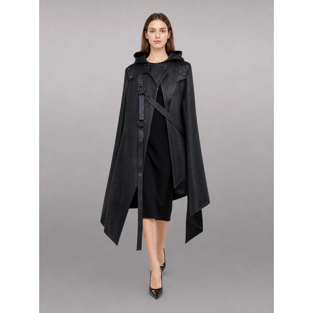 Black asymmetrical carnival cloak with hood