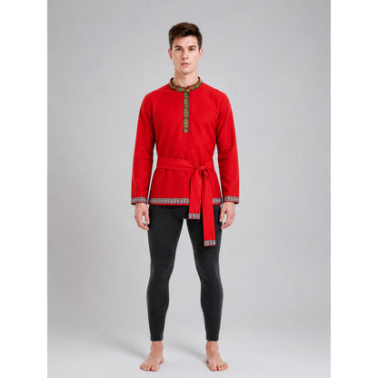 Embroidered Tunic with Stand Collar and Belt
