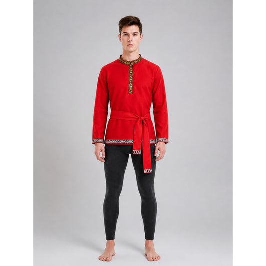 Embroidered Tunic with Stand Collar and Belt