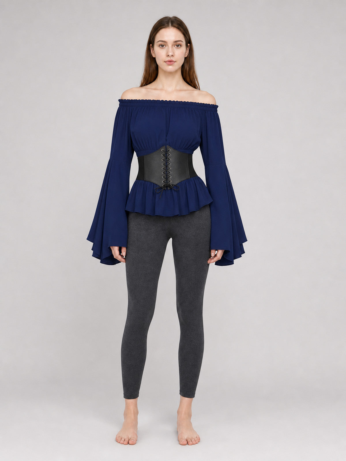 Navy Blue Peplum Blouse with Lace-Up Belt on-model view