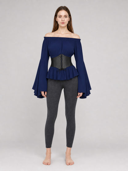 Navy Blue Peplum Blouse with Lace-Up Belt on-model view