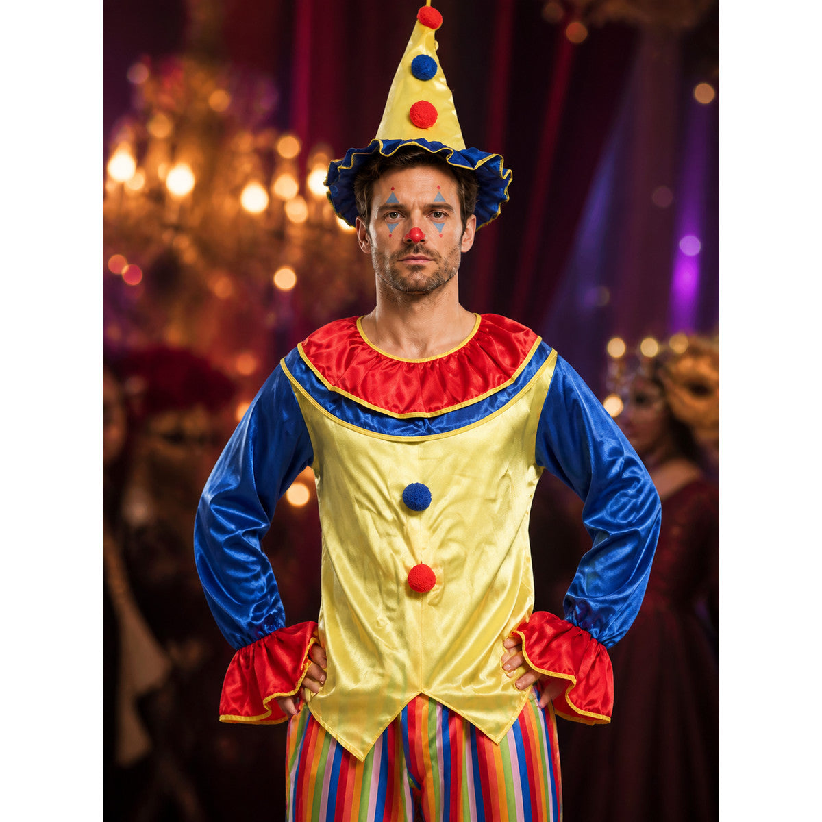 Unisex Adult Clown Costume Set, Striped Jumpsuit with Polka Dot Top and Jester