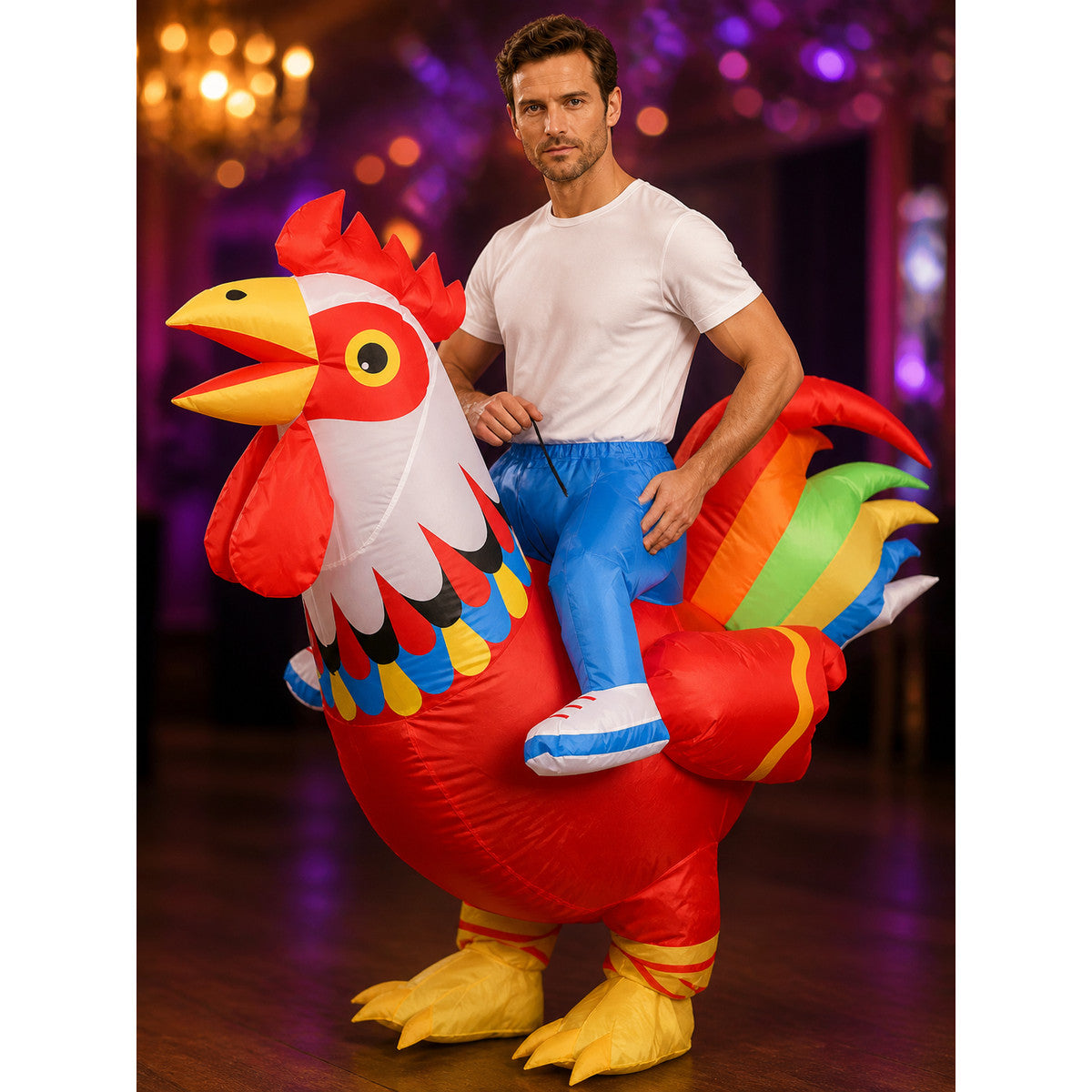 Colorful Rooster Inflatable Costume, Long Tail Chicken Halloween Party Outfit on-model view
