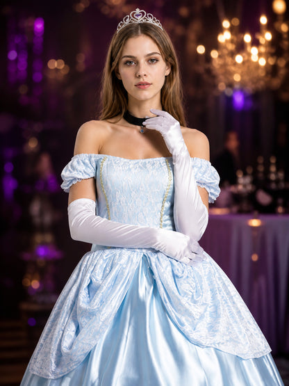 Women's Off Shoulder Princess Costume Set with Crown & Gloves for Halloween on-model view