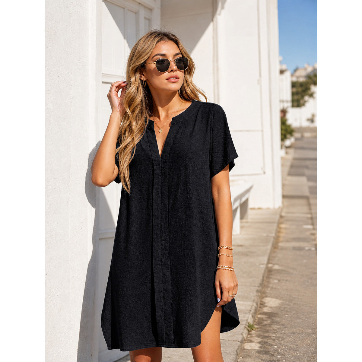 Women’s Black Short Dress with V-Neck
