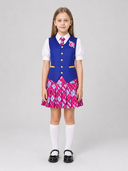 Barbie Cosplay Dress with Vest and Tie, Pleated on-model view