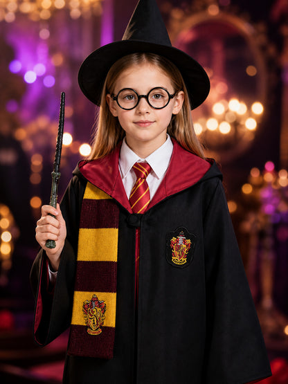 Kids Wizard Hooded Robe Costume Set with Scarf, Hat, Glasses & Wand on-model view