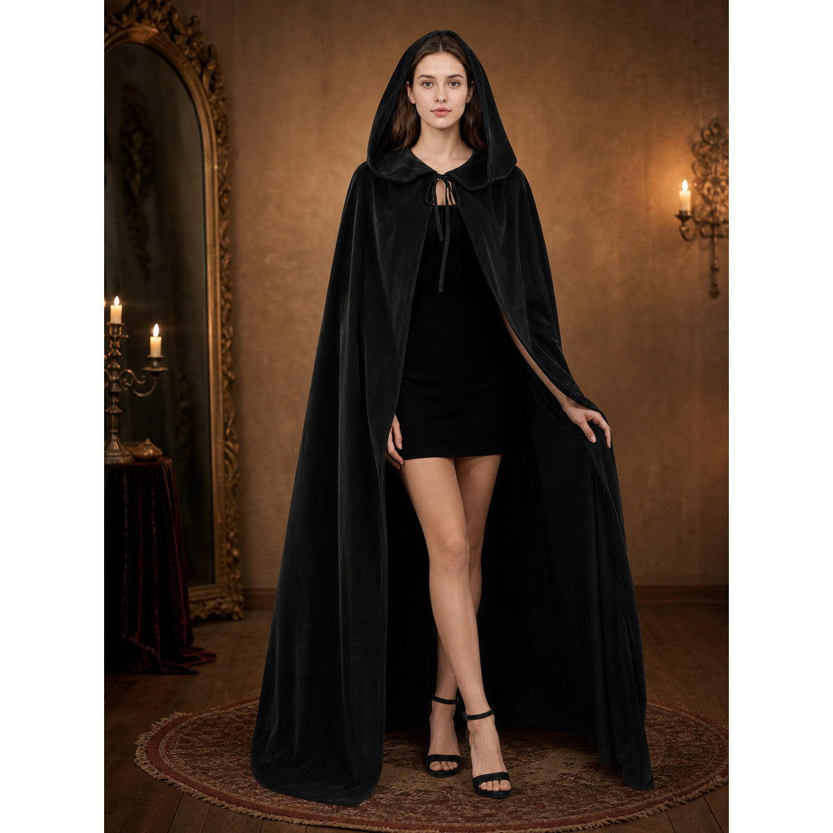 Black Hooded Cloak with Front Tie, Open Front, Floor-Length Trailing Cape for Adults