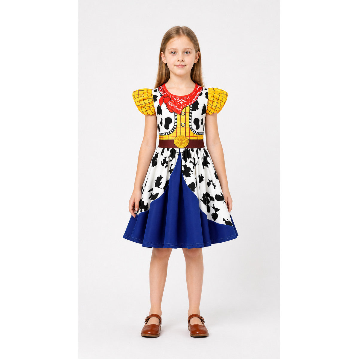 Woody children's dress with cow print and blue skirt main product view