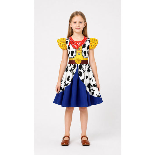 Woody children's dress with cow print and blue skirt main product view