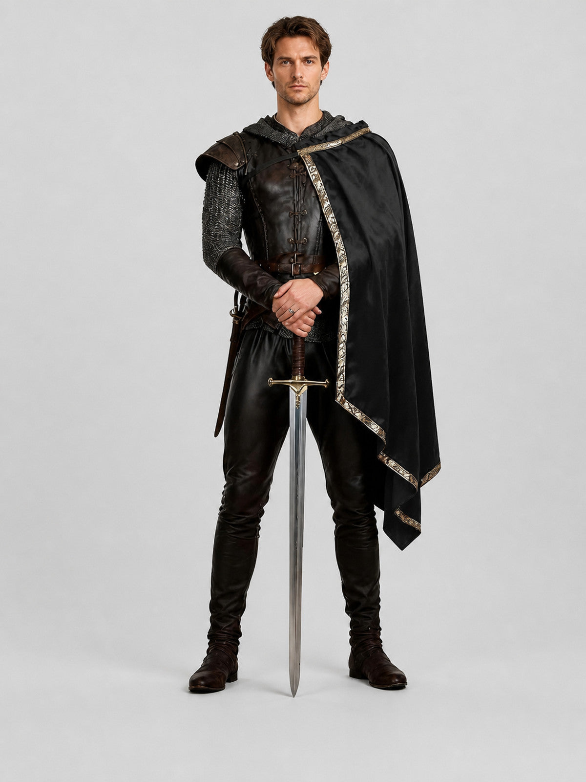 Black Medieval Costume with Asymmetrical Cape
