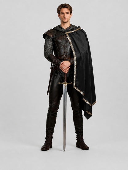 Black Medieval Costume with Asymmetrical Cape