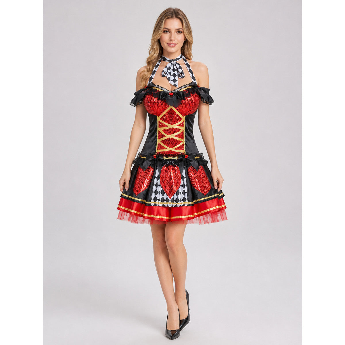Stage costume with corset, bow, and skirt