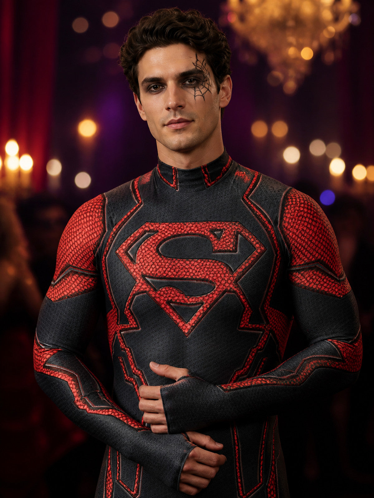 Superboy Costume Bodysuit, Black Red Pattern with S Logo on-model view