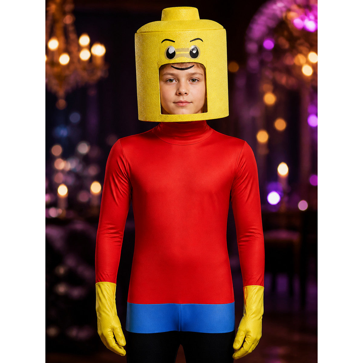 Block Figure Bodysuit Costume with Headpiece, Red Blue Black Printed Halloween on-model view