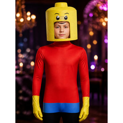 Block Figure Bodysuit Costume with Headpiece, Red Blue Black Printed Halloween on-model view