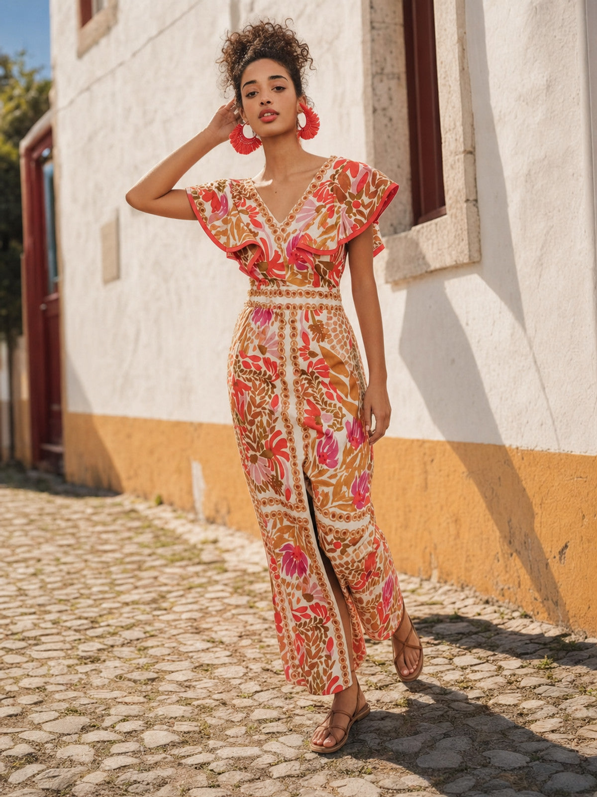 One-Piece Jumpsuit with a V-Neck, Short Sleeves, and Wide-Leg Pants. The garment main product view