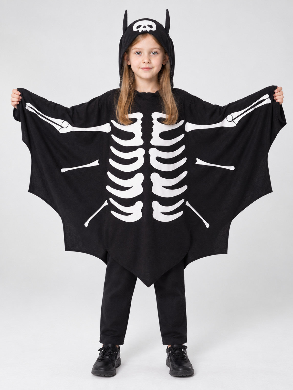 Children's Skeleton Costume Cape with Hood on-model view