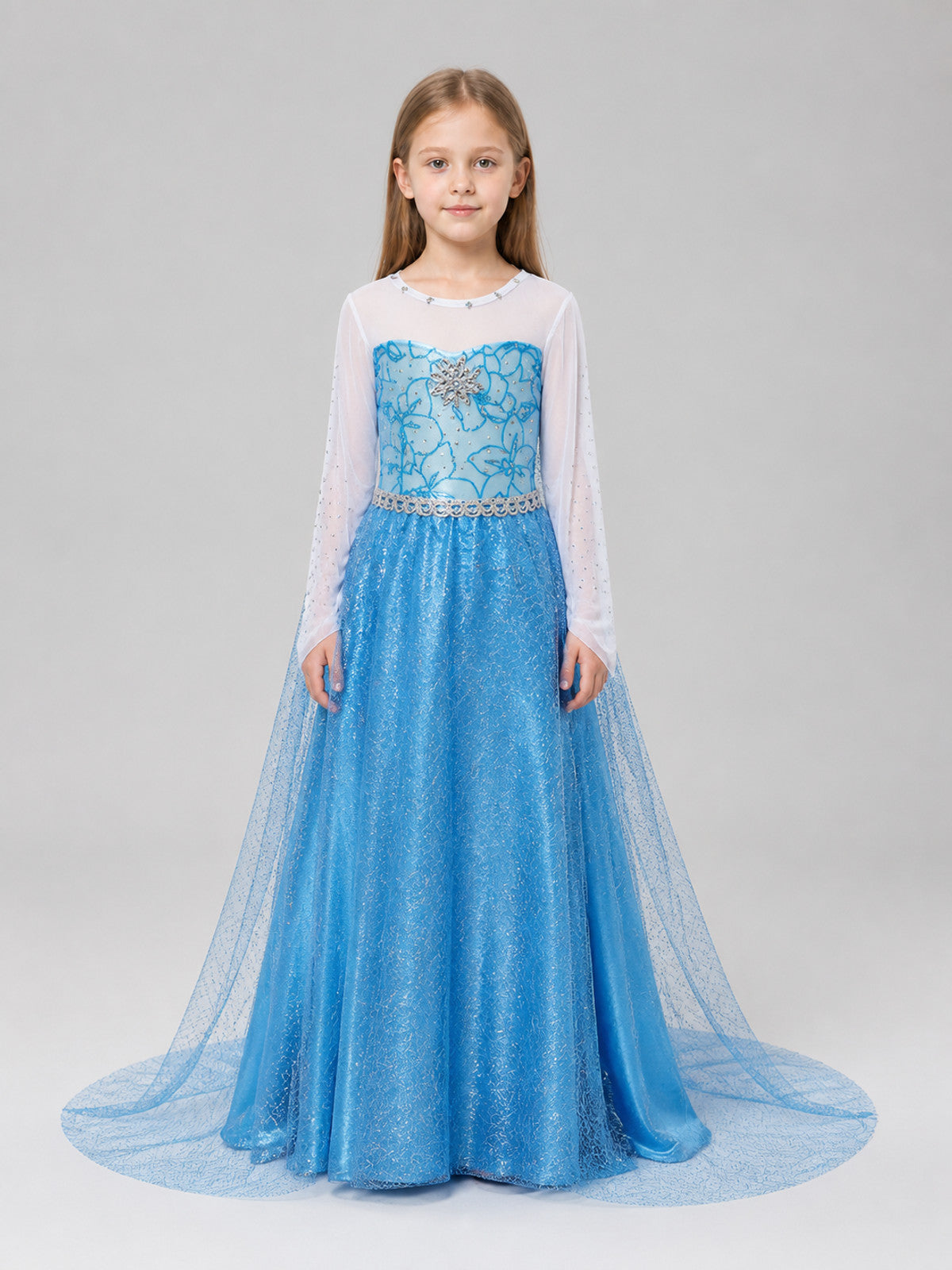 White and Blue Princess Dress with Lace Train on-model view