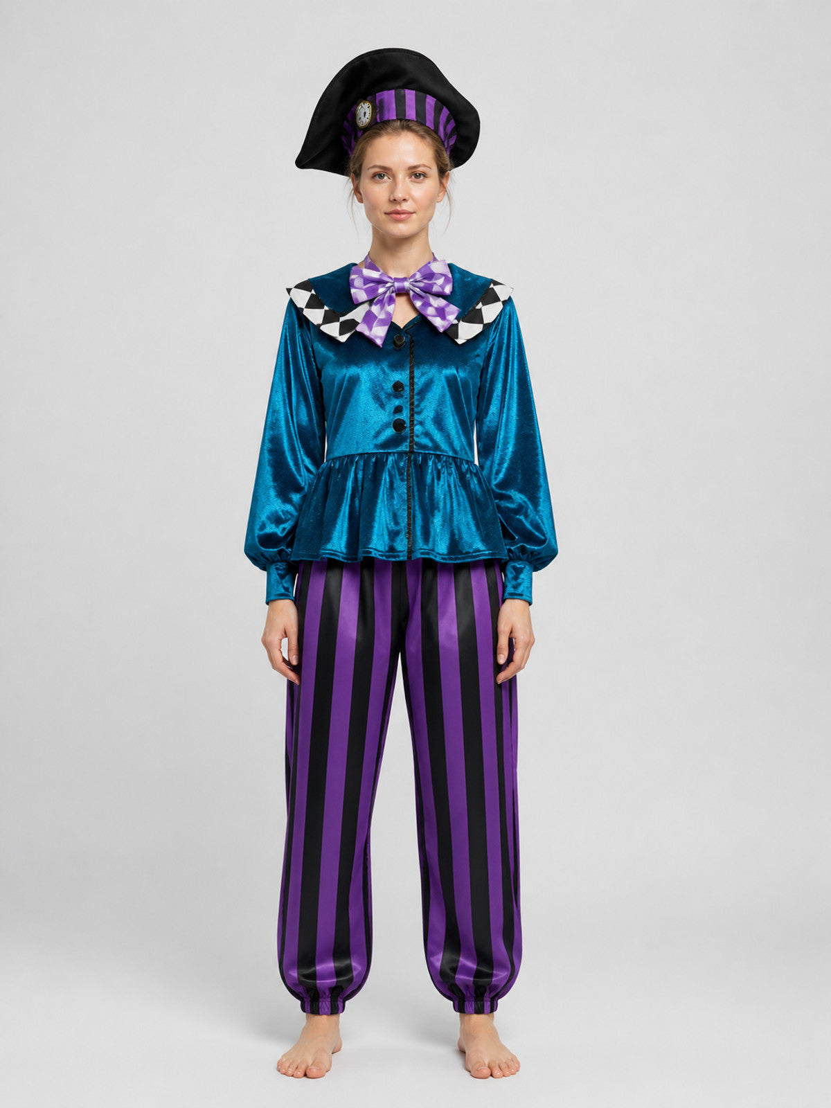 Fantasy Carnival Costume with Hat and Striped Pants on-model view