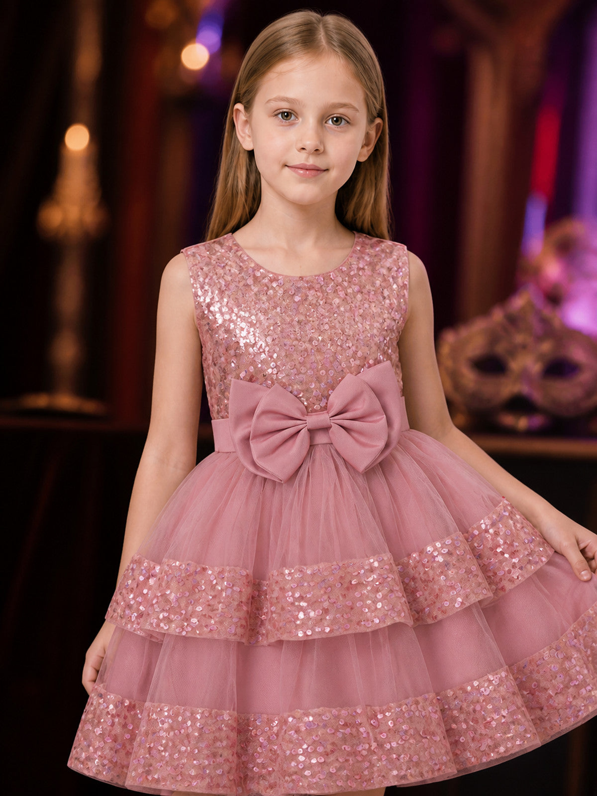 Toddler Girls' Sequined Princess Dress with Layered Tulle Skirt and Bow on-model view