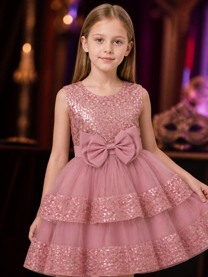 Toddler Girls' Sequined Princess Dress with Layered Tulle Skirt and Bow on-model view