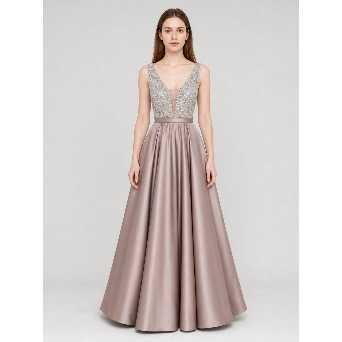 Sleeveless Evening Dress with Embellishment and V-Neckline