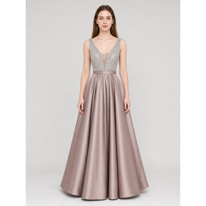 Sleeveless Evening Dress with Embellishment and V-Neckline