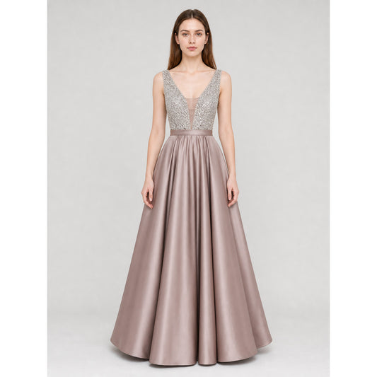 Sleeveless Evening Dress with Embellishment and V-Neck