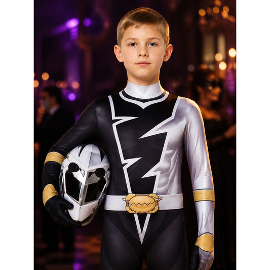 Unisex Halloween Bodysuit Costume with Hood, Black White Yellow Lightning Print on-model view