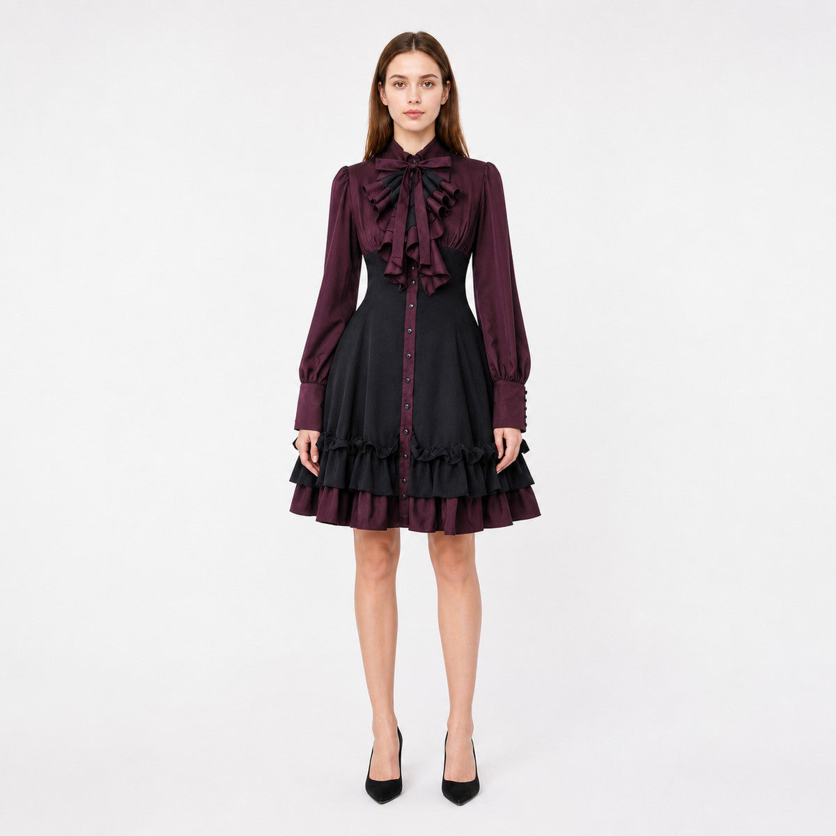 Women’s Gothic Renaissance Dress, Medieval Steampunk Style, Black And Burgundy Long Sleeve High Neck Ruffle A-Line Costume Outfit