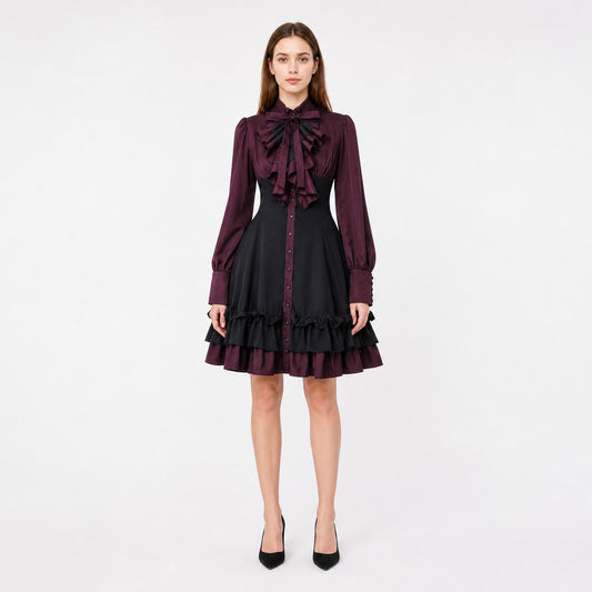 Women’s Gothic Renaissance Dress, Medieval Steampunk Style, Black And Burgundy Long Sleeve High Neck Ruffle A-Line Costume Outfit