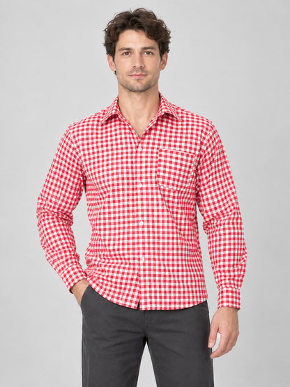 Red plaid shirt, long sleeves, polyester, cotton