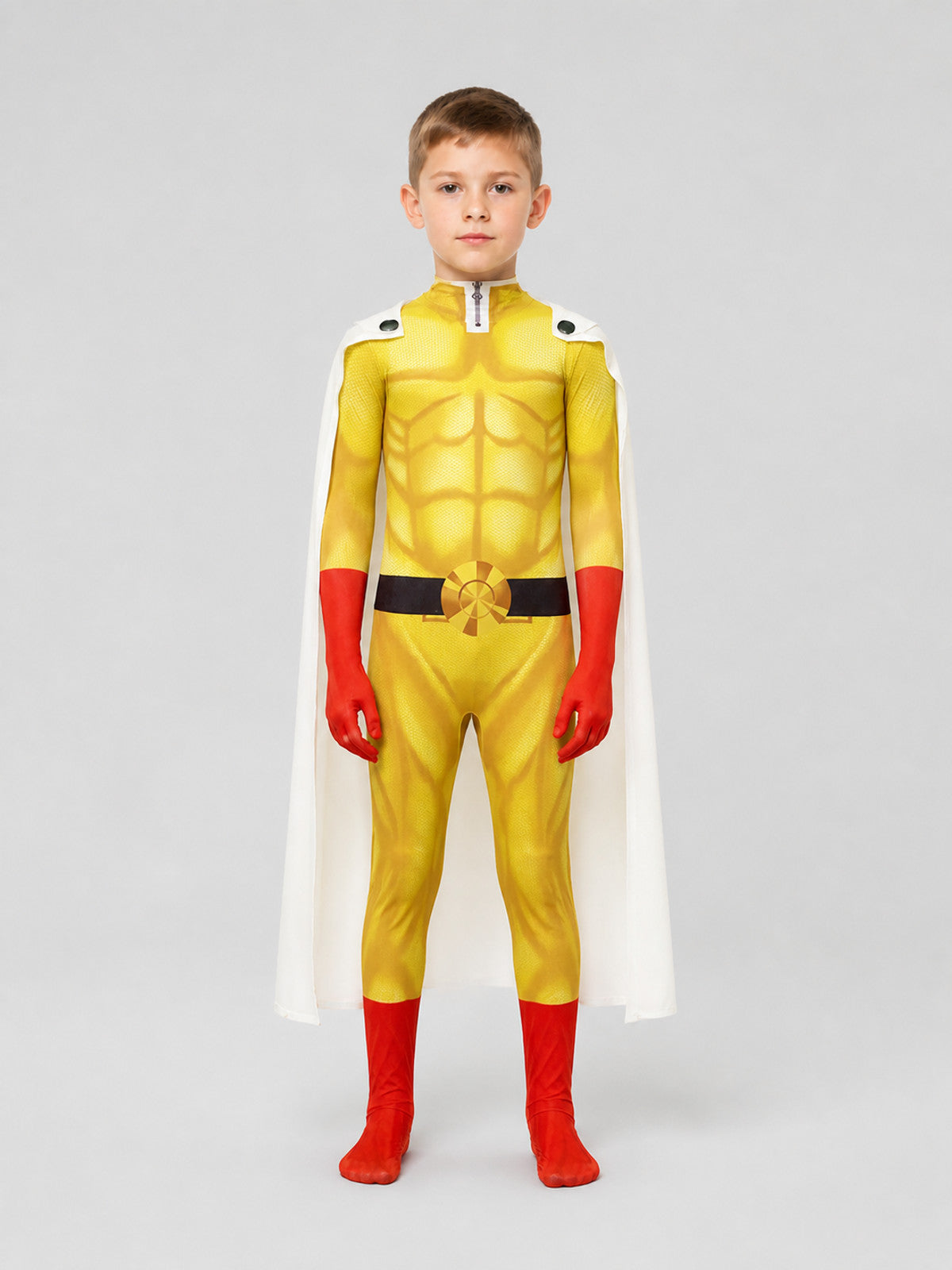 Saitama Cosplay Costume from One-Punch Man with Cape on-model view