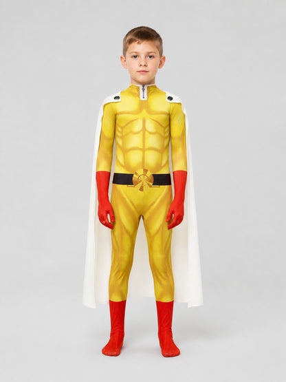 Saitama Cosplay Costume from One-Punch Man with Cape on-model view