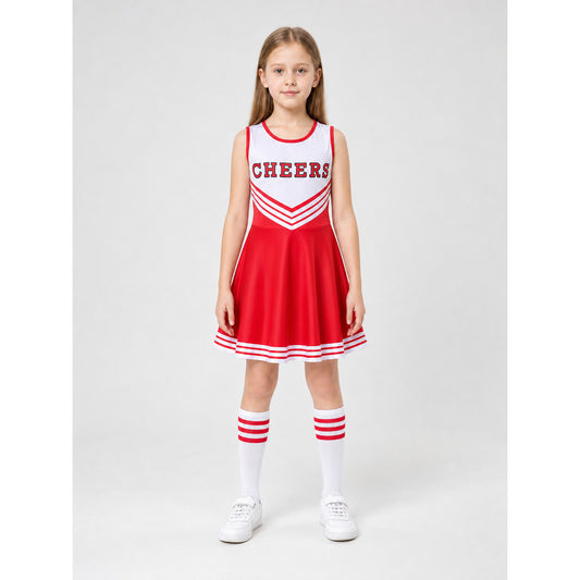 Cheerleading Costume: Dress, Leg Warmers, and Pom-Poms